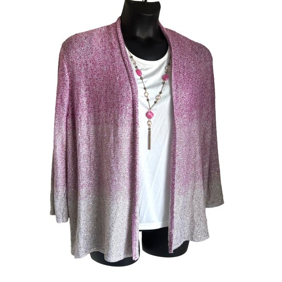 Elegant Pink Gradient Sparkle Knit Cardigan & White Top With Necklace - Picture 2 of 10